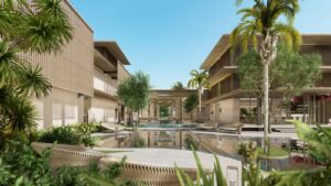 Avās residences with landscaped courtyard, pool and tropical greenery in Alibaug